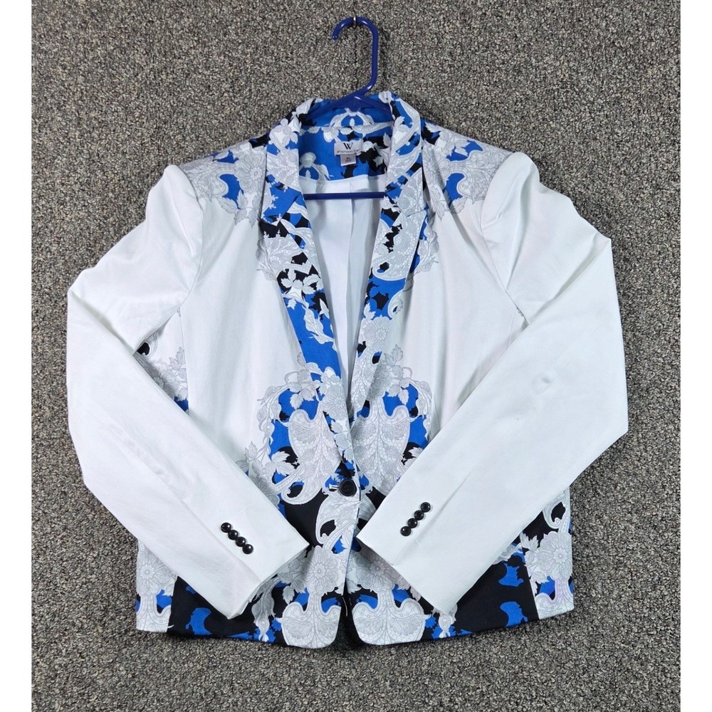 Worthington Suit Jacket Womens XL White Blue Floral Blazer Cotton Blend 0324
